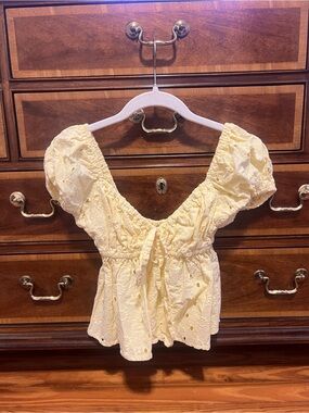 ASOS Pale Yellow Eyelet Puff Sleeve Tie-Front Top
